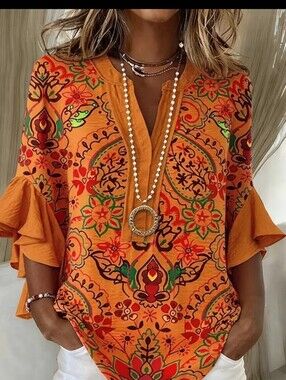 Women's Orange Printed Tunic Top - Boho Floral